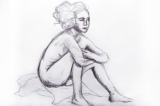 Dessin crayon nu assis à la Giacometti